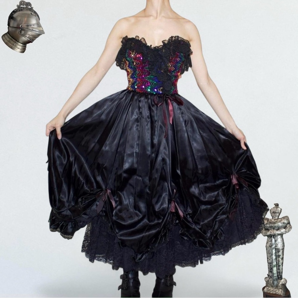 Vintage Loralie Rainbow Sequin Goth Strapless Dress 80s